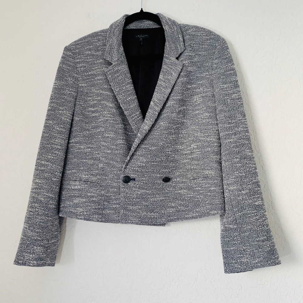 Rag‎ & Bone Blazer Women 12 Navy White Cropped Tweed Double Breasted Office Chic - Picture 3 of 14